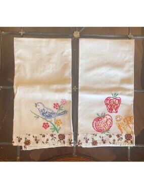 Vintage Hand Embroidered Flour Sack Dish Towels: Blue Bird w Flowers & Fruits